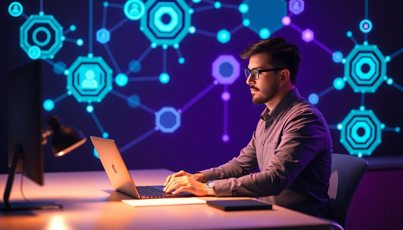A small business owner working with glowing AI agent interfaces and automation nodes in a modern professional setting