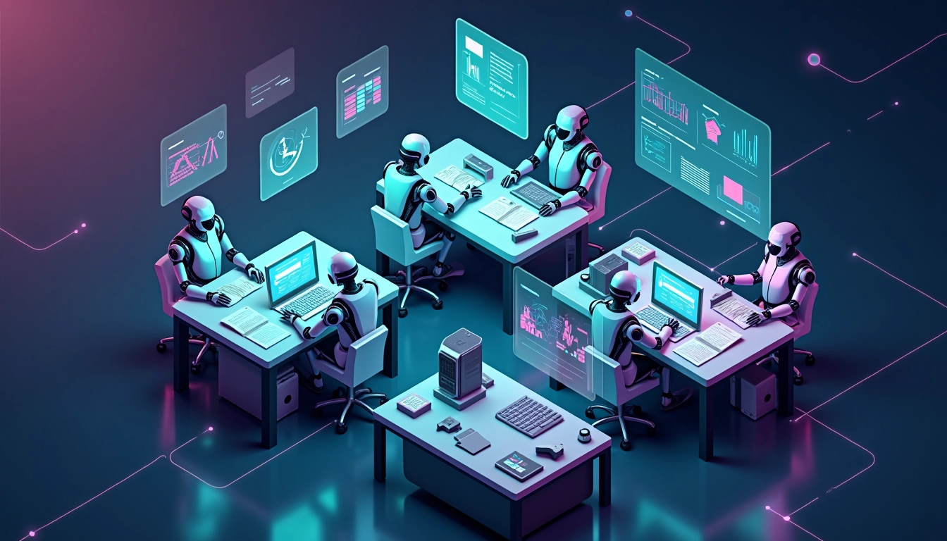 Isometric illustration of AI agents collaborating together to run a business