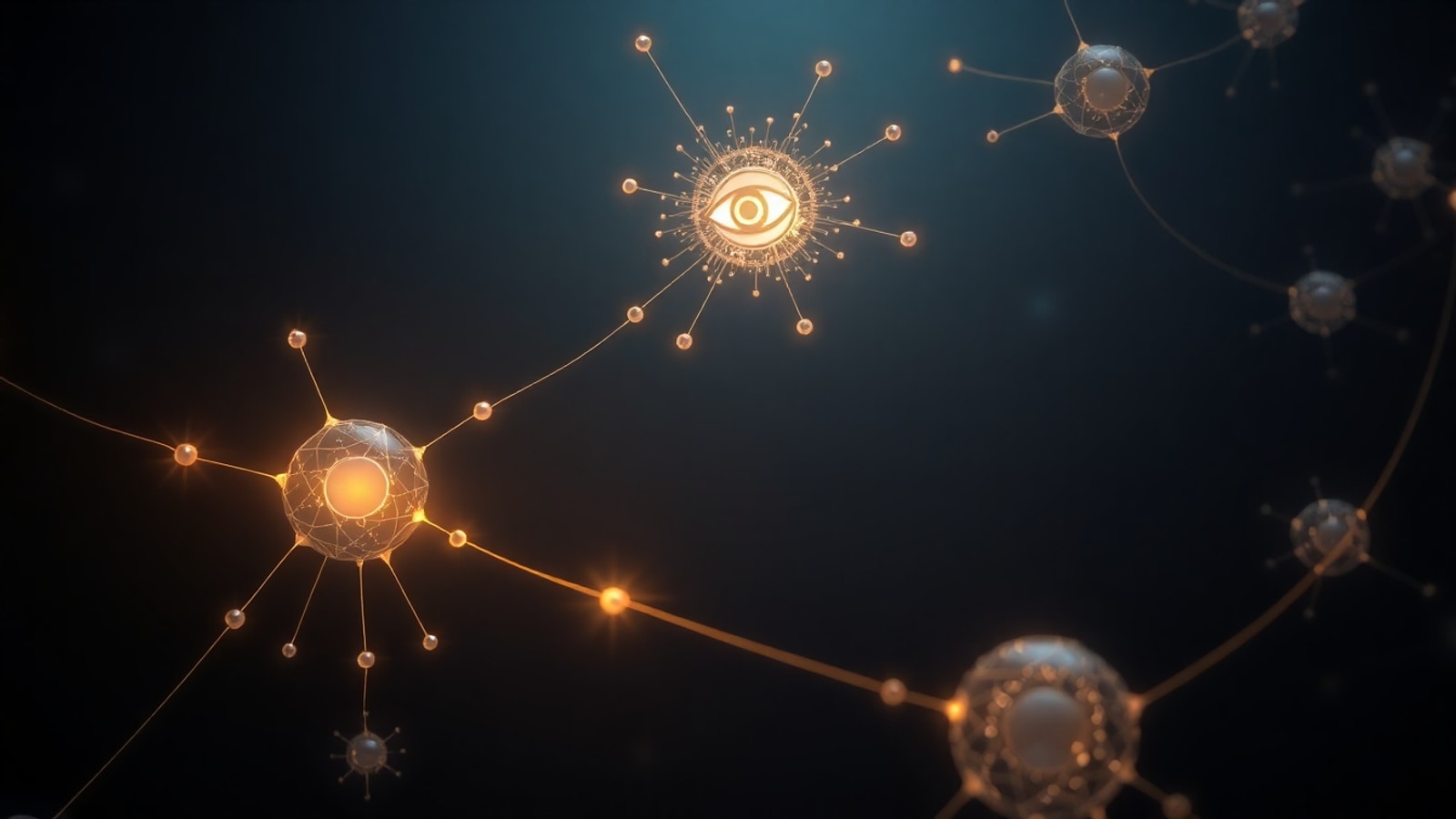 AI molecular discovery network with nodes reaching toward a human eye and dividing cells, glowing gold on deep navy
