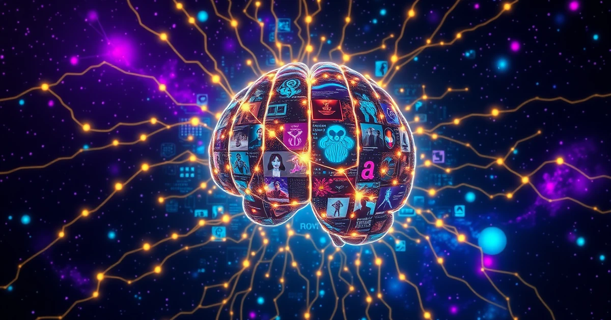 A glowing AI brain at the center of a mosaic showing diverse AI-generated artworks on a deep space backdrop with neon purples, blues, and gold.
