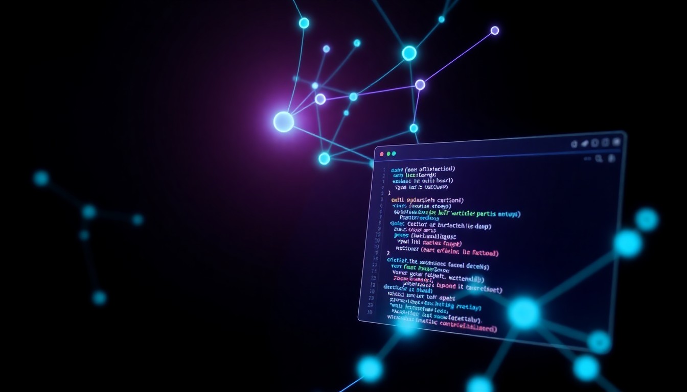 Neural network nodes and glowing code in a futuristic web interface — AI in web development