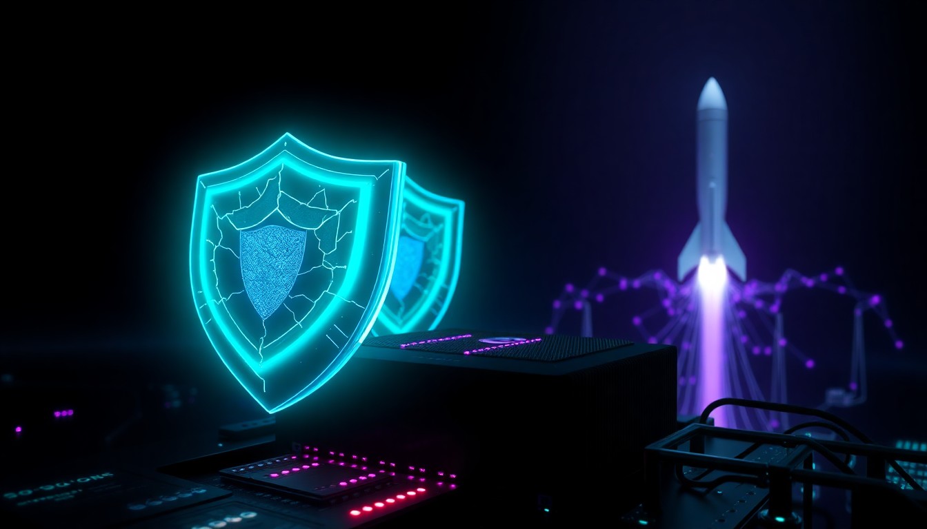 Futuristic cybersecurity scene with glowing teal and purple holographic shields, NVIDIA GPU hardware with vulnerability indicators, AI neural network agents, and a rocket silhouette against a dark background