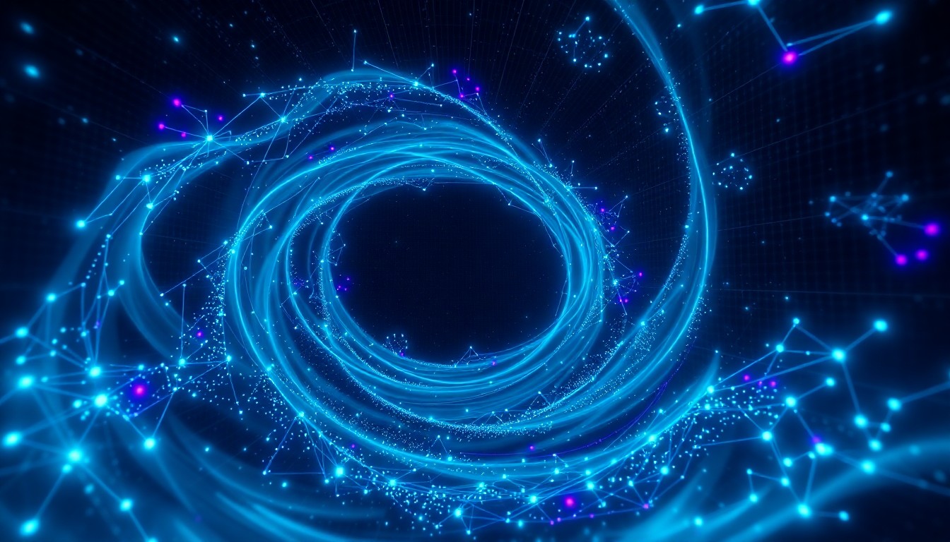 10,000 AI agents represented as glowing nodes connected by light trails, swirling around a luminous fluid vortex on a dark mathematical grid