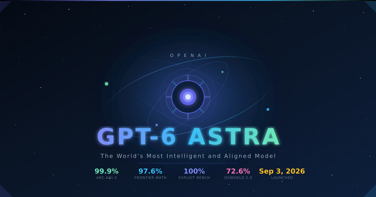 GPT-6 Astra, OpenAI's most powerful AI model, shown as a glowing star over a dark blue horizon