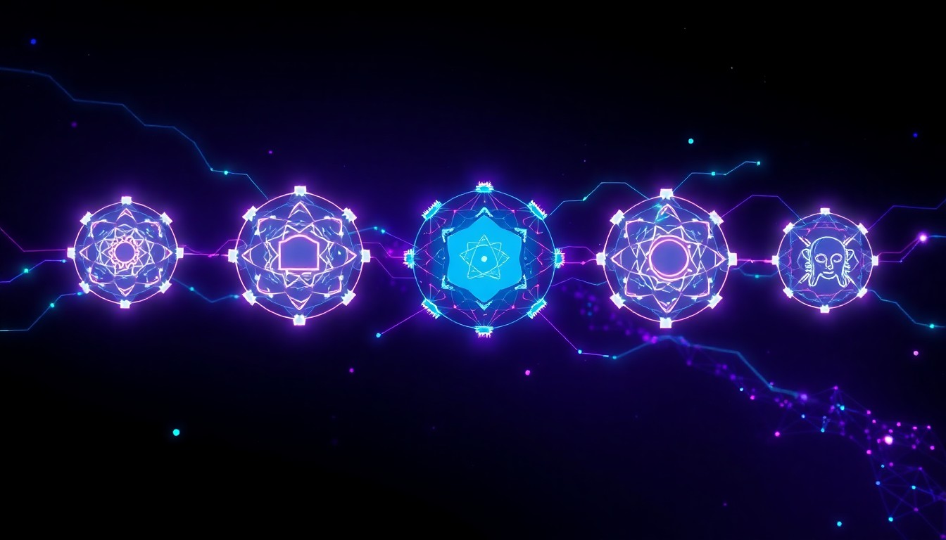 Five interconnected AI topic nodes — LLMs, multimodal AI, autonomous agents, AI hardware, and robotics — visualised as glowing bioluminescent orbs on a dark background