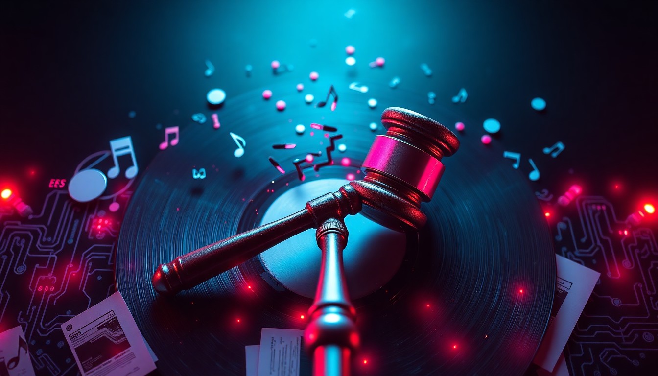 Music publishers vs. Anthropic copyright lawsuit — musical notes and vinyl records fragmenting into AI data streams and legal documents