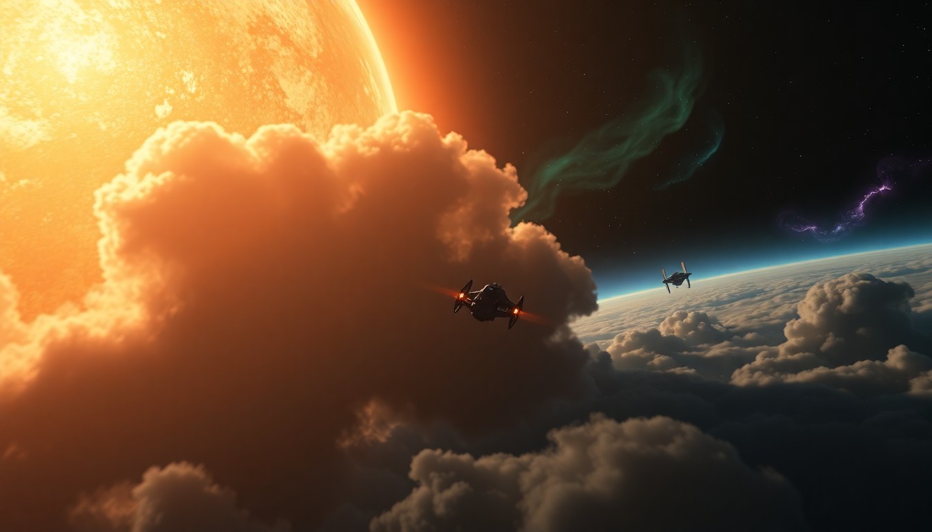 A spacecraft descends through the storm-lit atmosphere of Pyro in Star Citizen, with a gas giant glowing below and a distant space station above the clouds