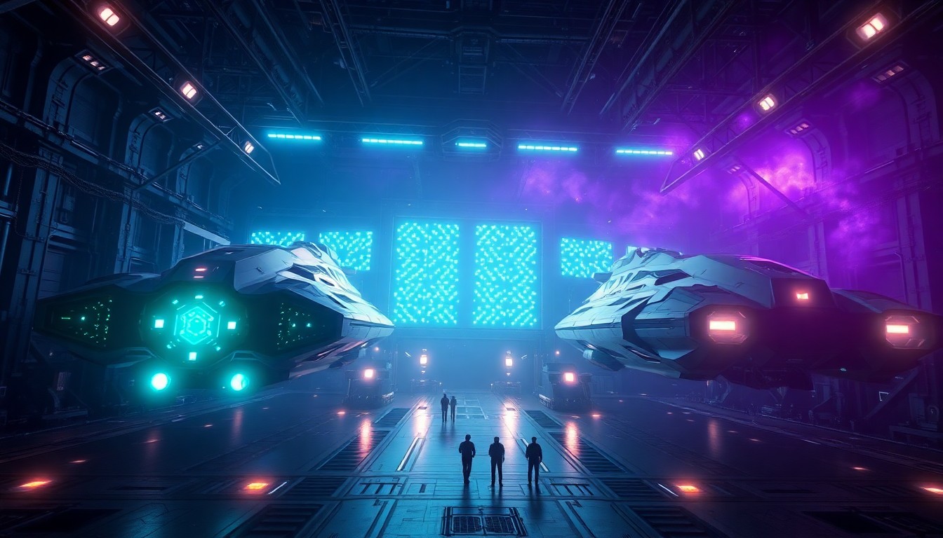 A massive futuristic space station hangar with capital ships bathed in teal and purple nebula light against a near-black starfield