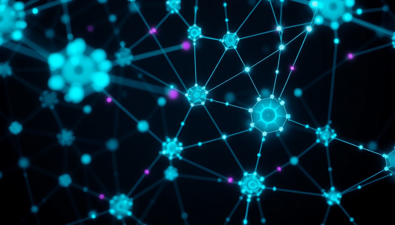 A network of interconnected AI agent nodes glowing in teal and purple, representing the top agentic frameworks of 2025-2026