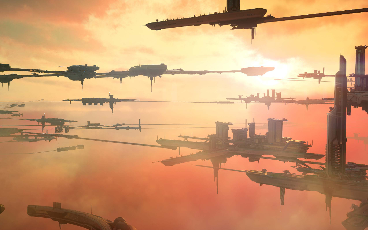 Orison, the cloud city of Crusader — a gas giant in the Stanton system, with spacecraft flying between floating industrial platforms at sunset